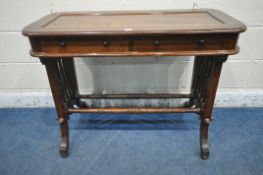 A REPRODUCTION MAHOGANY SIDE TABLE, with two frieze drawers, raised on shaped legs, turned