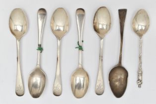 SEVEN SILVER TEASPOONS, to include five matching old English pattern spoons with engraved initials