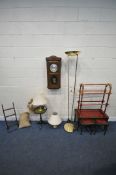 A VARIETY OF OCCASIONAL FURNITURE, to include a 20th century oak wall clock labelled Fentenoy, a