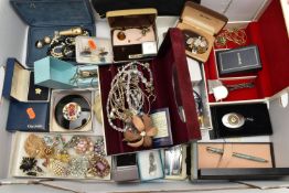 A BOX OF ASSORTED COSTUME JEWELLERY AND ITEMS, to include beaded necklaces, chains, cufflinks,