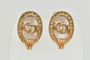 A PAIR OF 'CHRISTIAN DIOR' COSTUME CLIP ON EARRINGS, each of an oval form with CD lettering, in a