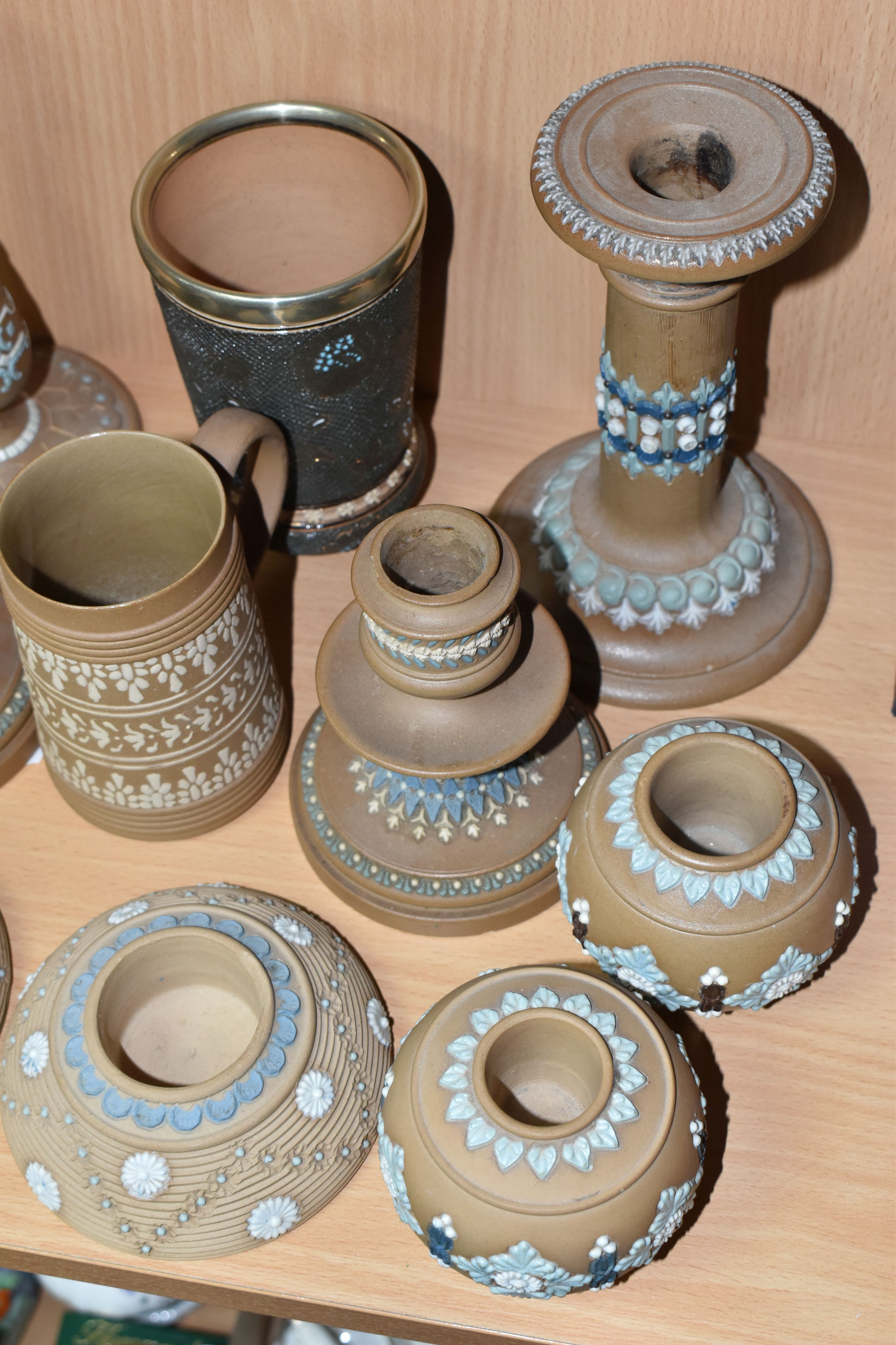 A GROUP OF DOULTON LAMBETH SILICON WARE, with applied foliate, floral and patterned decoration, - Image 10 of 11