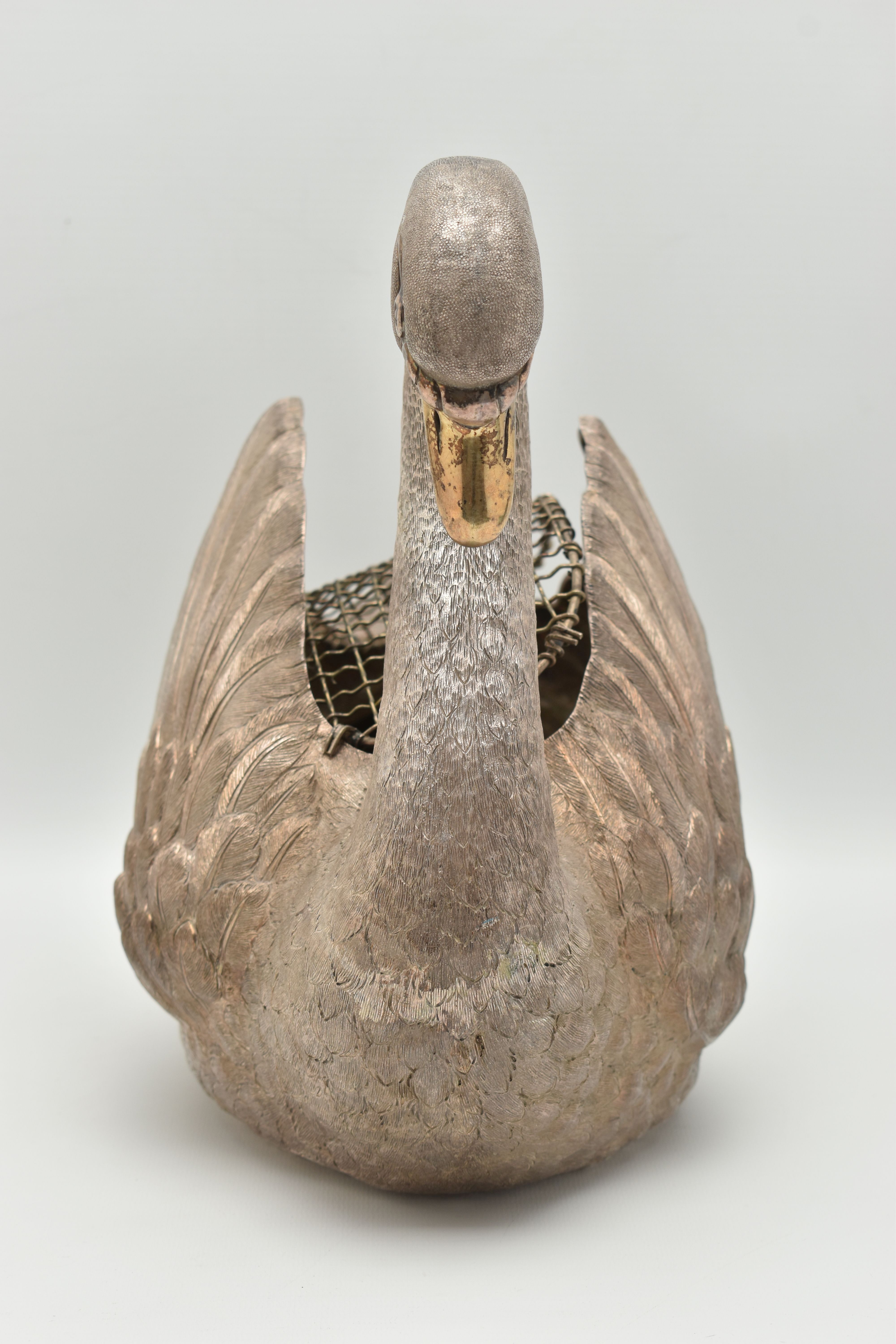 AN ELIZABETH II SILVER FLORAL CENTREPIECE, realistically textured swan with a gold plated beak, open - Image 4 of 10