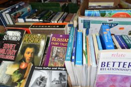 FIVE BOXES OF BOOKS, approximately one hundred European history, literature and novels, paperbacks