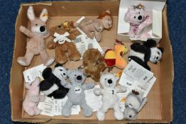 A BOX OF STEIFF PENDANT KEY RINGS, twelve key rings in the forms of teddy bears, pandas, a lion,