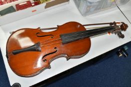 AN UNAMED VIOLA AND BOW, with a Romberg bevel finger board, length of body 41cm, length from