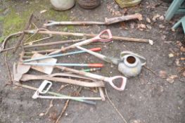 A COLLECTION OF GARDEN TOOLS including a Murphy post shovel, spades, forks, rakes etc