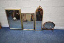 FOUR VARIOUS MIRRORS, to include a gilt metal arched mirror, with a foliate crest, two rectangular