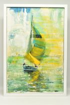 GILL STORR (BRITISH CONTEMPORARY) 'GUST', a contemporary depiction of a yacht under sail, signed
