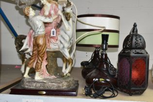 FOUR ELECTRIC LAMPS, comprising a Juliana Collection lamp in the form of a horse and two figures,