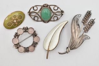 FIVE BROOCHES, to include a white guilloche enamel leaf brooch, fitted with a brooch pin and