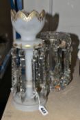 TWO LUSTRES, one white opaque glass example with gilt details, height 33cm, the other clear with