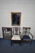 AN EDWARDIAN MAHOGANY ARMCHAIR, with geometric design back rest, open armrests, turned supports,