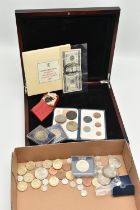 A BOX LID AND EMPTY COIN CASE, to include a 1986 BU coin set, a 1949 Royal Life Saving award to a