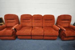 A RED UPHOLSTERED THREE PIECE LOUNGE SUITE, comprising a three seater sofa, length 196cm x depth