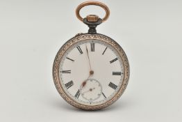 AN OPEN FACE POCKET WATCH, manual wind, round white Roman numeral dial, subsidiary dial at the six