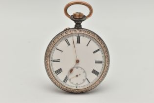 AN OPEN FACE POCKET WATCH, manual wind, round white Roman numeral dial, subsidiary dial at the six