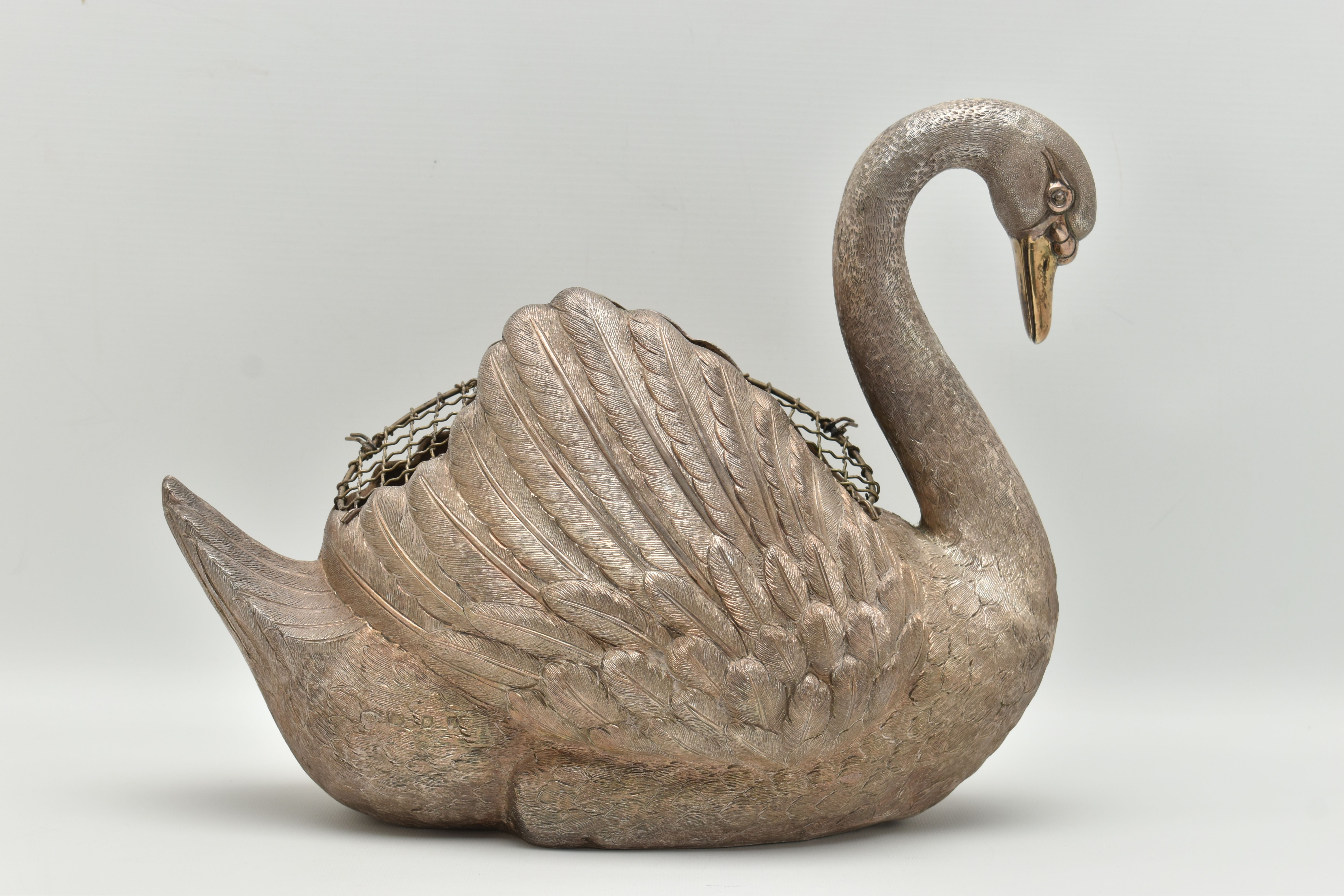 AN ELIZABETH II SILVER FLORAL CENTREPIECE, realistically textured swan with a gold plated beak, open - Image 5 of 10