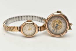 TWO YELLOW METAL WATCHES, to include a wristwatch, the white dial with gilt Arabic and hourly