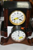 TWO MANTEL CLOCKS, comprising a Victorian black slate and red marble mantel clock made in Newcastle,