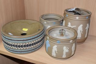 FOUR PIECES OF DOULTON LAMBETH SILICON WARE, comprising three tobacco jars, decorated with applied