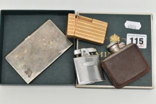 A SILVER HIPFLASK, LIGHTERS AND A CARD CASE, small engine turned pattern hip flask, screw clasp,