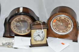 TWO MANTEL CLOCKS AND ONE CARRIAGE CLOCK, comprising a Staiger chrometron quartz carriage clock,