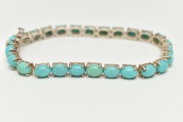 A SILVER LINE BRACELET, designed as a row of twenty-six oval turquoise cabochons, each in a four