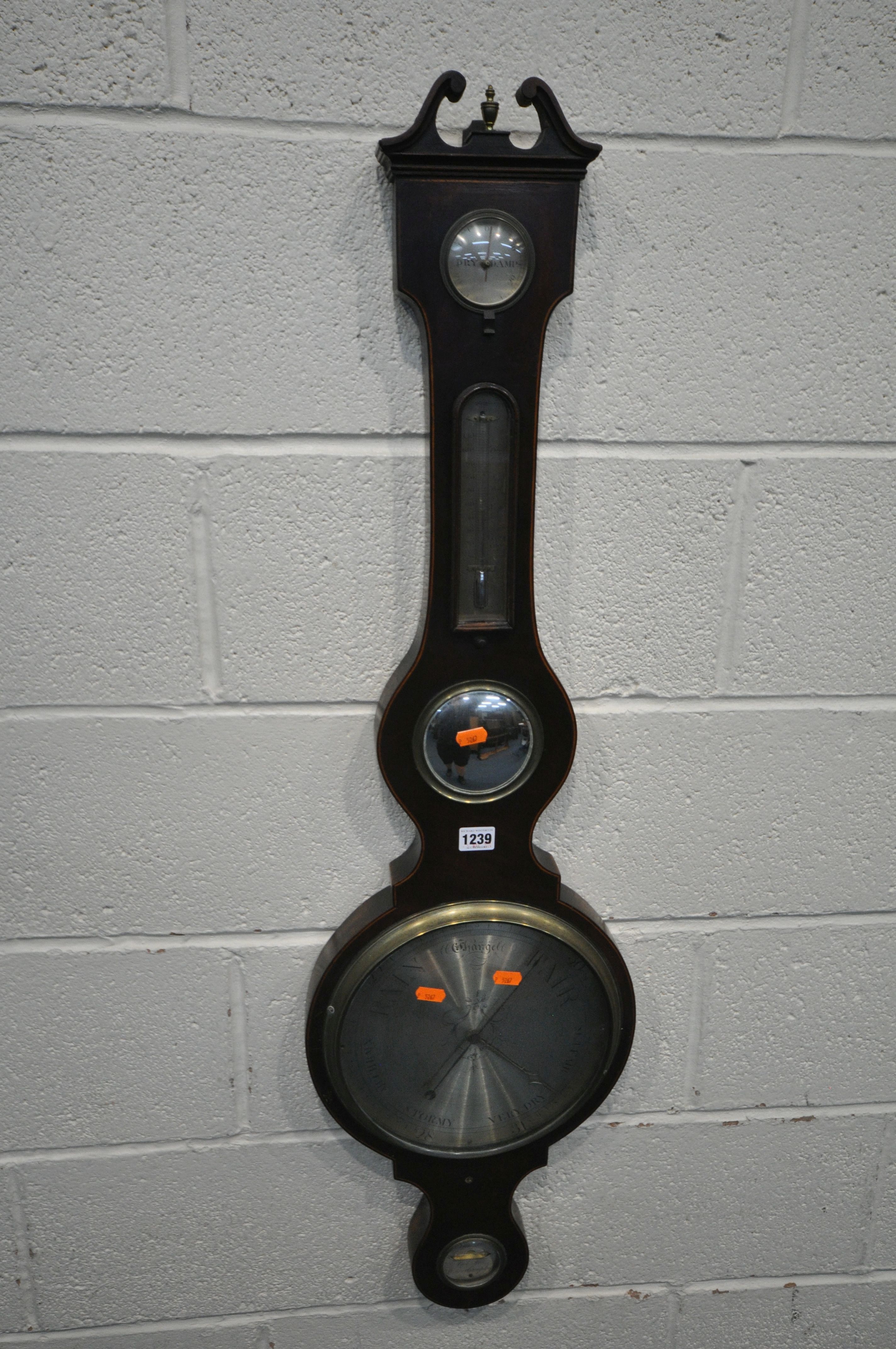 A 19TH CENTURY MAHOGANY BANJO BAROMETER, with swan neck pediment, small brass finial, a dry / damp