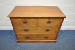 AN EARLY 20TH CENTURY WALNUT CHEST OF TWO SHORT OVER TWO LONG DRAWERS, width 107cm x depth 53cm x