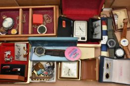 A BOX OF ASSORTED WRISTWATCHES AND COSTUME JEWELLERY, a small quantity of gents wristwatches with