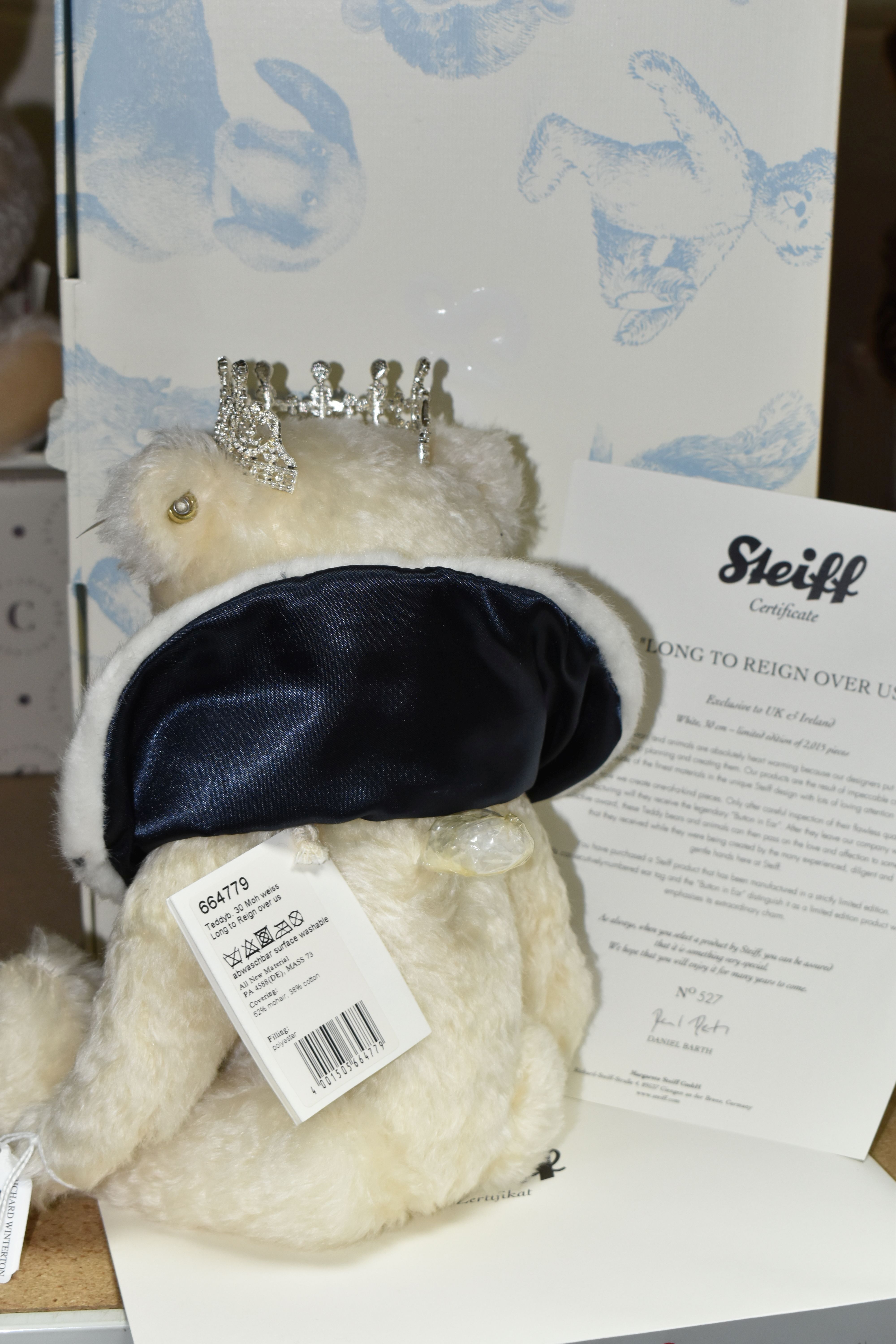 A BOXED LIMITED EDITION STEIFF 'LONG TO REIGN OVER US' MUSICAL TEDDY BEAR, a UK and Ireland - Image 2 of 2