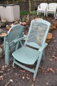 A PAIR OF GREEN PLASTIC FOLDING GARDEN CHAIRS by Allibert