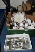 TWO BOXES AND LOOSE CERAMICS, METAL WARES, COSTUME JEWELLERY AND SUNDRY ITEMS, to include a Royal