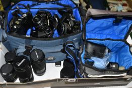 A BOX OF CAMERAS AND PHOTOGRAPHIC EQUIPMENT, to include a Konica FS-1 camera fitted with an f1.8