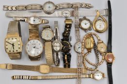 A BAG OF ASSORTED LADIES AND GENTS WRISTWATCHES, to include a gents gold plated AF 'Sekonda 19