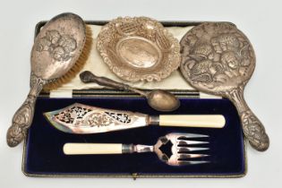 SILVER VANITY PIECES, BONBON DISH AND OTHER ITEMS, to include two AF vanity pieces, hair brush and