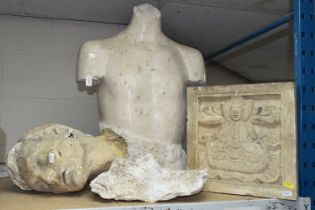 THREE MODERN CAST PLASTER SCULPTURES, comprising a Greco Roman style human torso, approximate height