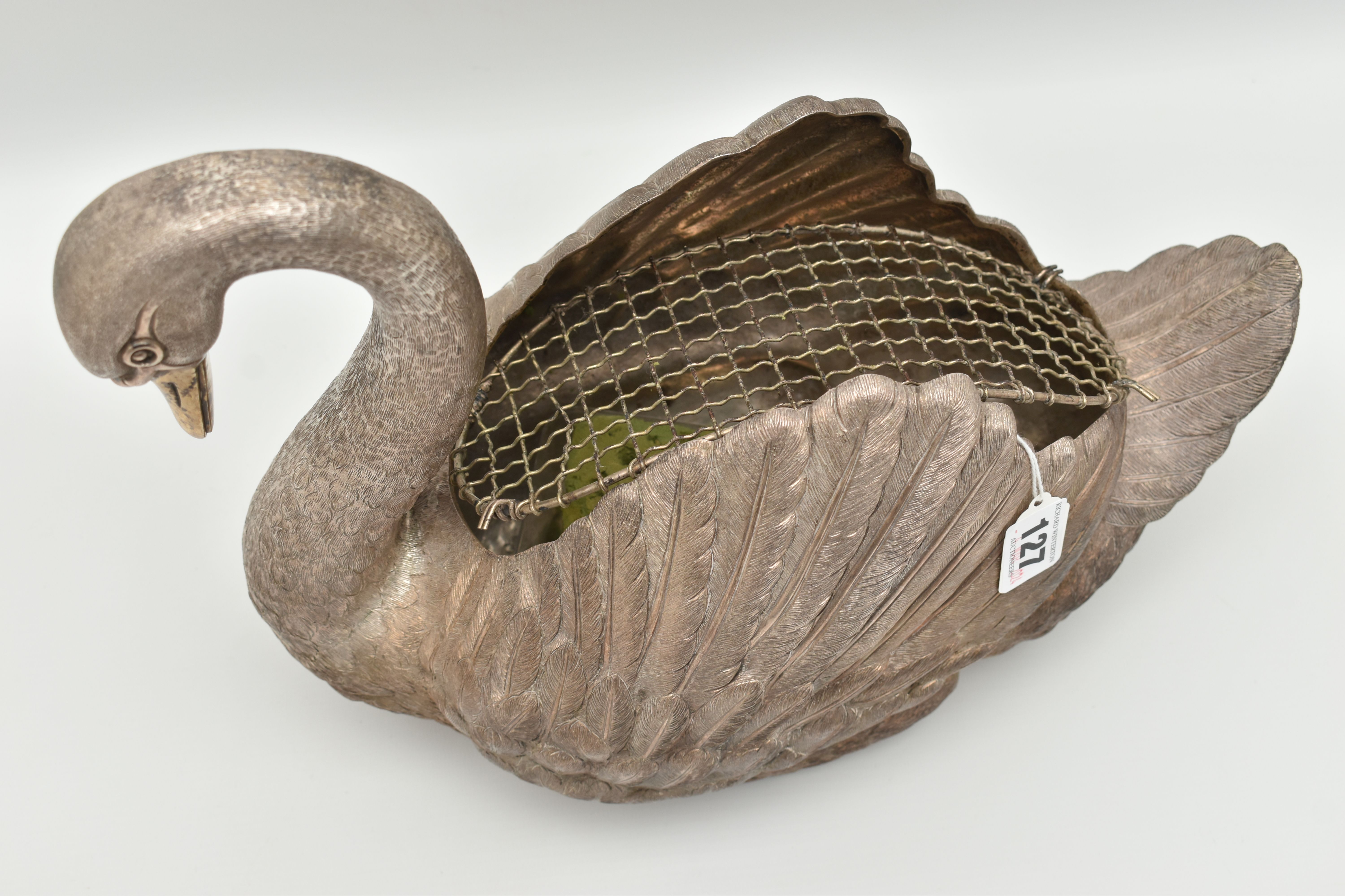 AN ELIZABETH II SILVER FLORAL CENTREPIECE, realistically textured swan with a gold plated beak, open - Image 3 of 10