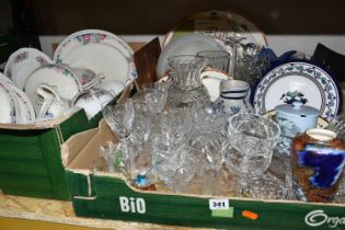 THREE BOXES OF CERAMICS AND GLASSWARE, to include nine cut glass grapefruit dishes, Doulton