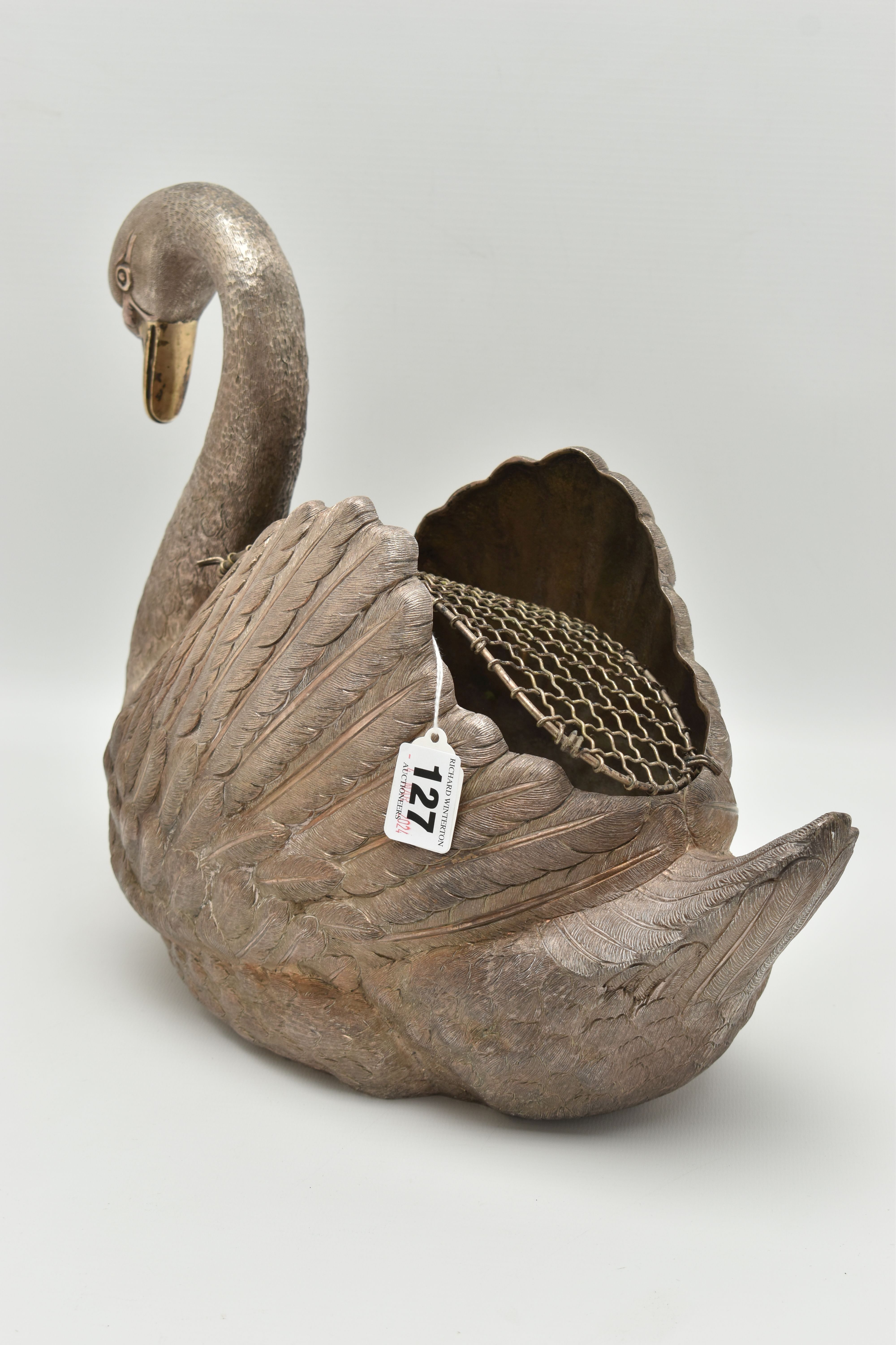 AN ELIZABETH II SILVER FLORAL CENTREPIECE, realistically textured swan with a gold plated beak, open - Image 9 of 10
