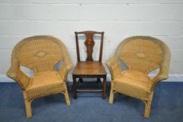 A PAIR OF WICKER ARMCHAIRS, along with a 19th century splat back chair (condition report: wear to