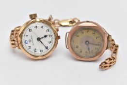 TWO LADIES 9CT GOLD WATCHES, the first a manual wind watch, round white Arabic numeral dial,