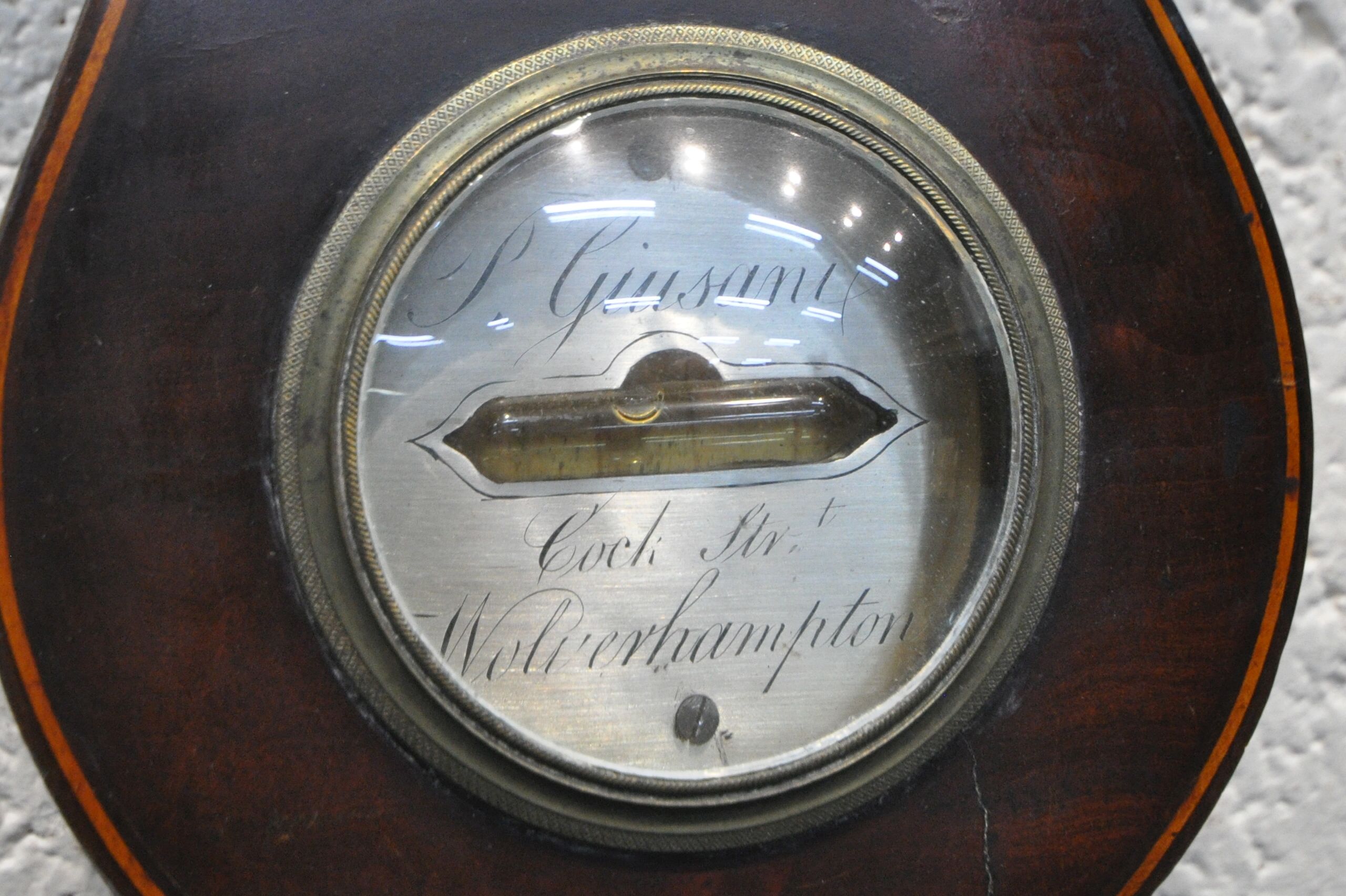 A 19TH CENTURY MAHOGANY BANJO BAROMETER, with swan neck pediment, small brass finial, a dry / damp - Image 7 of 7