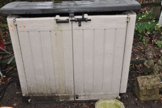 A MODERN PLASTIC GARDEN ENCLOSURE with some garden tools inside width 145cm depth 84cm height 127cm