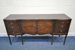 A 20TH CENTURY MAHOGANY STRONGBOW FURNITURE SIDEBOARD, fitted with two banks of three drawers,