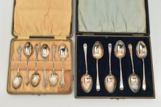 TWO CASED SETS OF SILVER TEASPOONS, the first including six spoons, decorated with floral terminals,