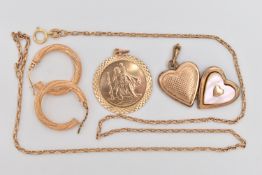 AN ASSORTMENT OF 9CT GOLD AND YELLOW METAL JEWELLERY, to include a fine belcher style chain