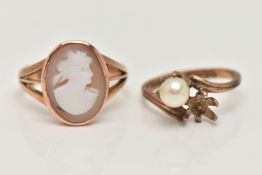 TWO 9CT GOLD RINGS, the first a shell cameo ring, hallmarked 9ct Birmingham, ring size Q leading