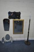 A GILT FRAMED BEVELLED EDGE WALL MIRROR, 90cm x 64cm, a frameless mirror, a teak frame mirror, a